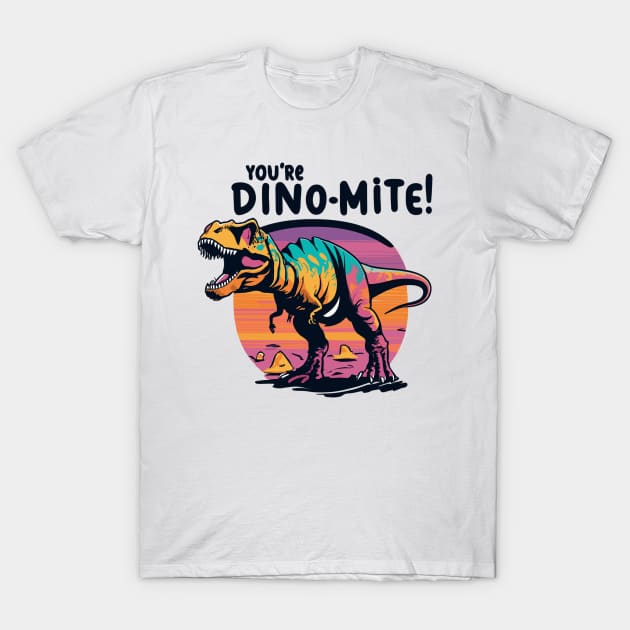 Retro Roaring Dinosaur - "You're Dino-Mite!" Graphic T-Shirt by WEARWORLD